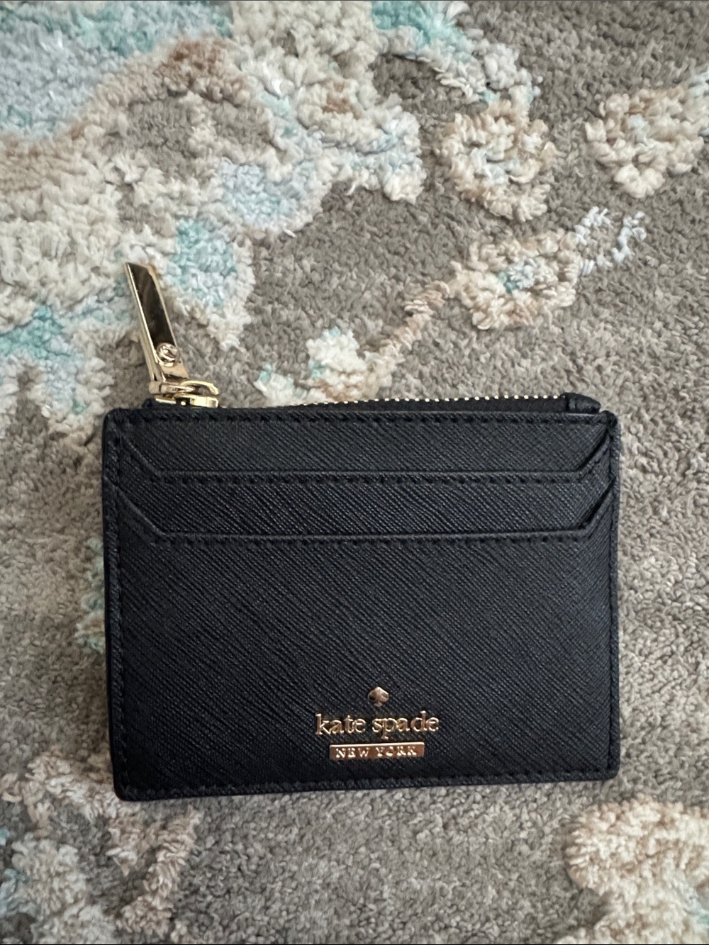 kate spade Black Saffiano Card Case with Gold Accents